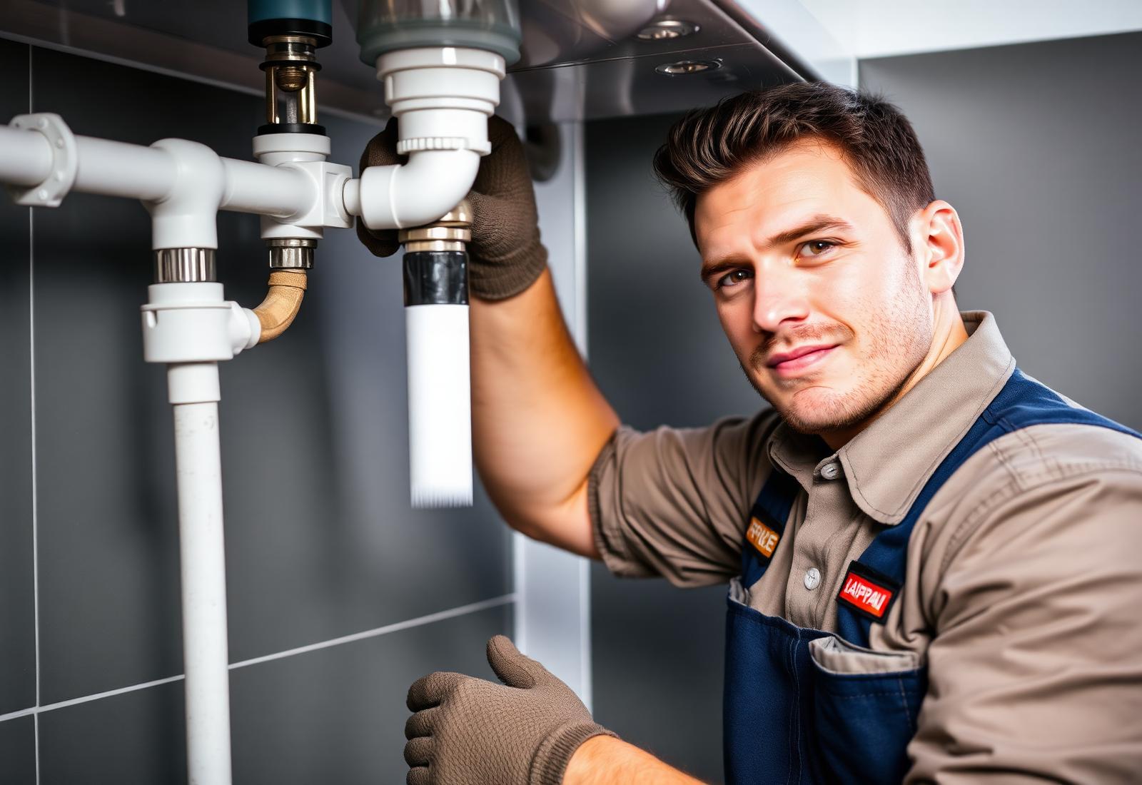 Professional plumber repairing pipes